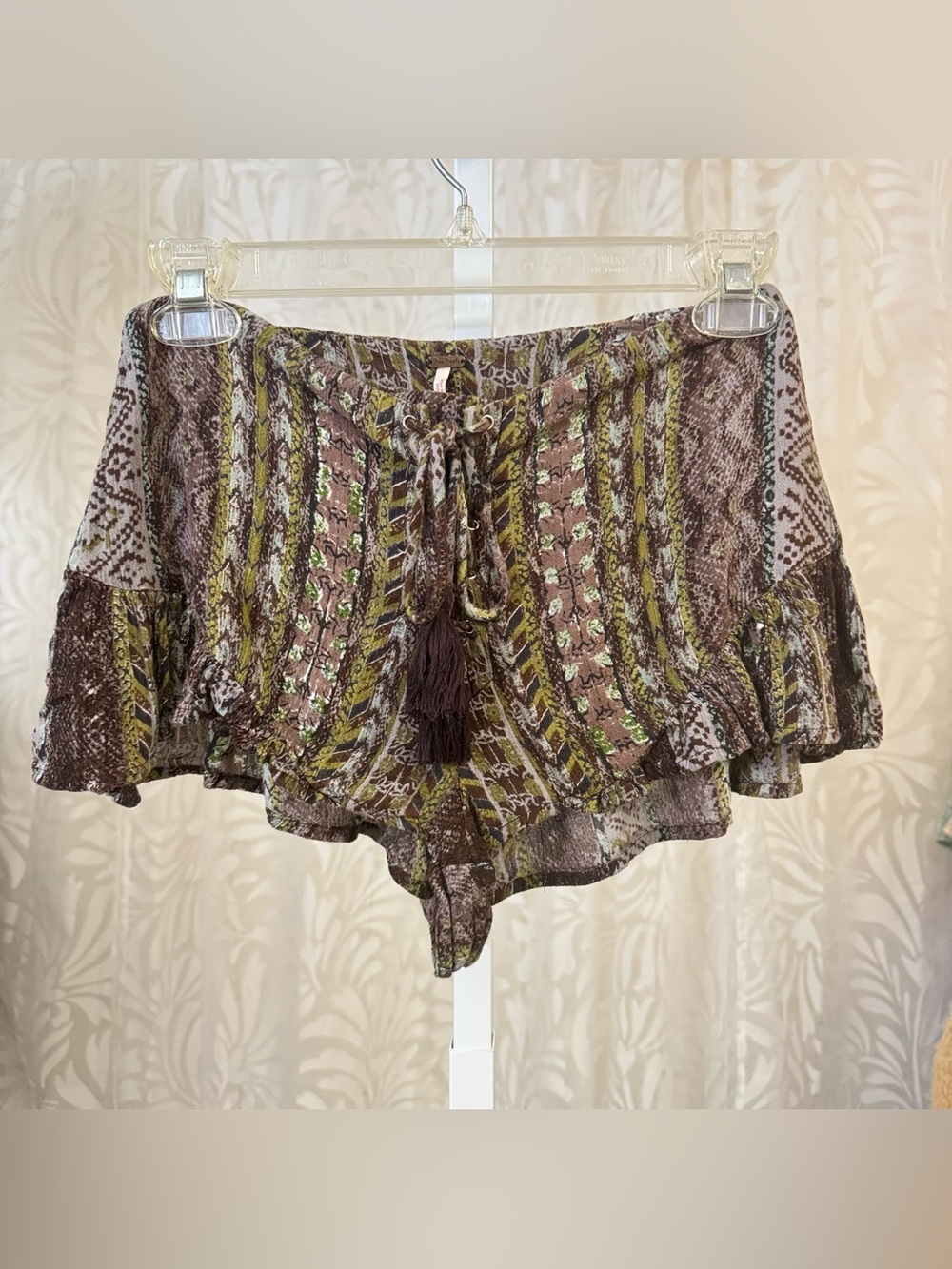 Free People Olive and Brown Tassel Off-Shoulder Crop Top
